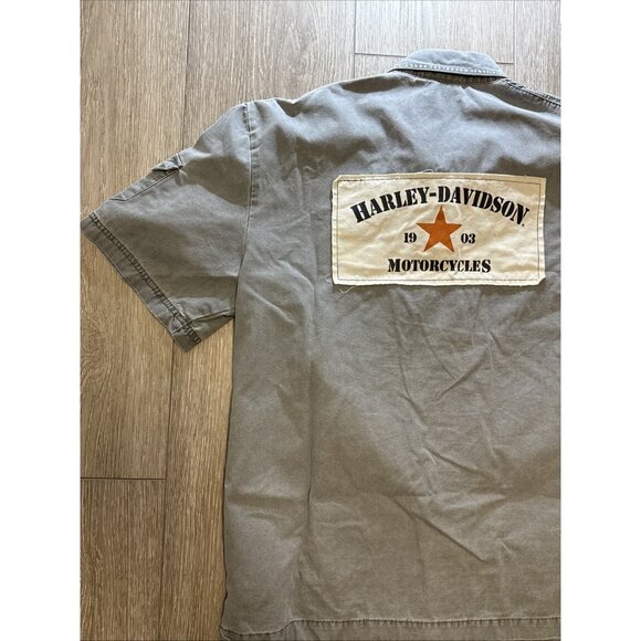 Mens Harley Davidson Gray Embroidered Patched Military Top Gun Button Shirt L - Picture 2 of 12
